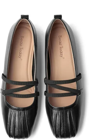 BEAU TODAY Mary Jane Shoes Women, Leather Flats Shoes for Women, Genuine Ballet Flats for Women with Adjustable Strap, Comfortable Square Toe Mary Jane Flats Dreesy