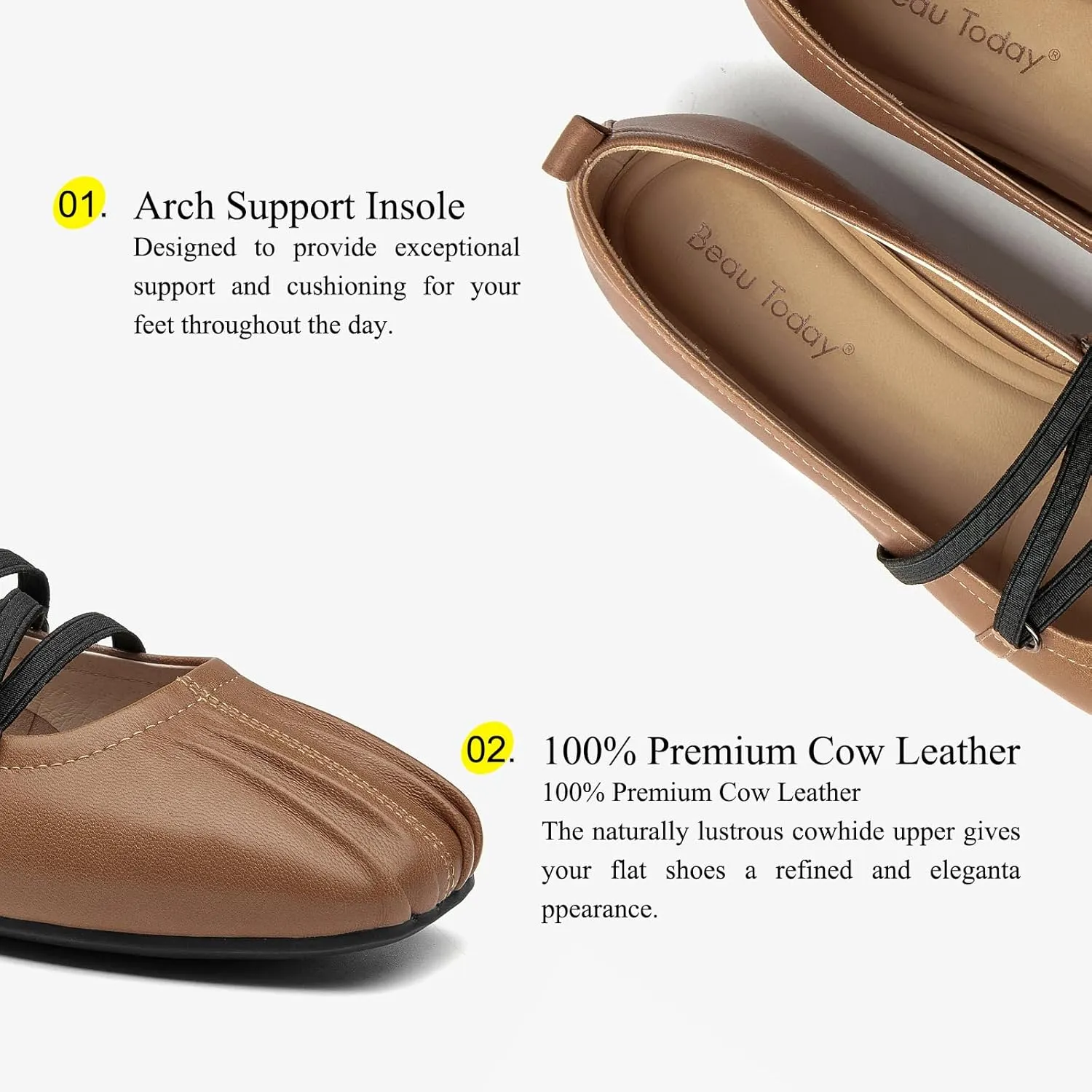 BEAU TODAY Mary Jane Shoes Women, Leather Flats Shoes for Women, Genuine Ballet Flats for Women with Adjustable Strap, Comfortable Square Toe Mary Jane Flats Dreesy