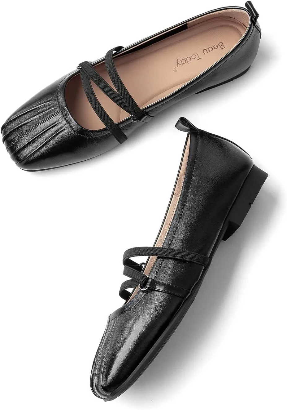 BEAU TODAY Mary Jane Shoes Women, Leather Flats Shoes for Women, Genuine Ballet Flats for Women with Adjustable Strap, Comfortable Square Toe Mary Jane Flats Dreesy