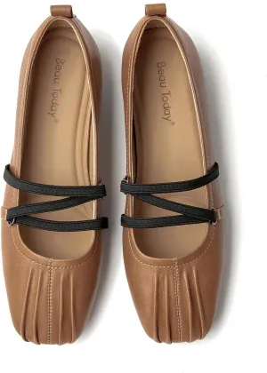 BEAU TODAY Mary Jane Shoes Women, Leather Flats Shoes for Women, Genuine Ballet Flats for Women with Adjustable Strap, Comfortable Square Toe Mary Jane Flats Dreesy