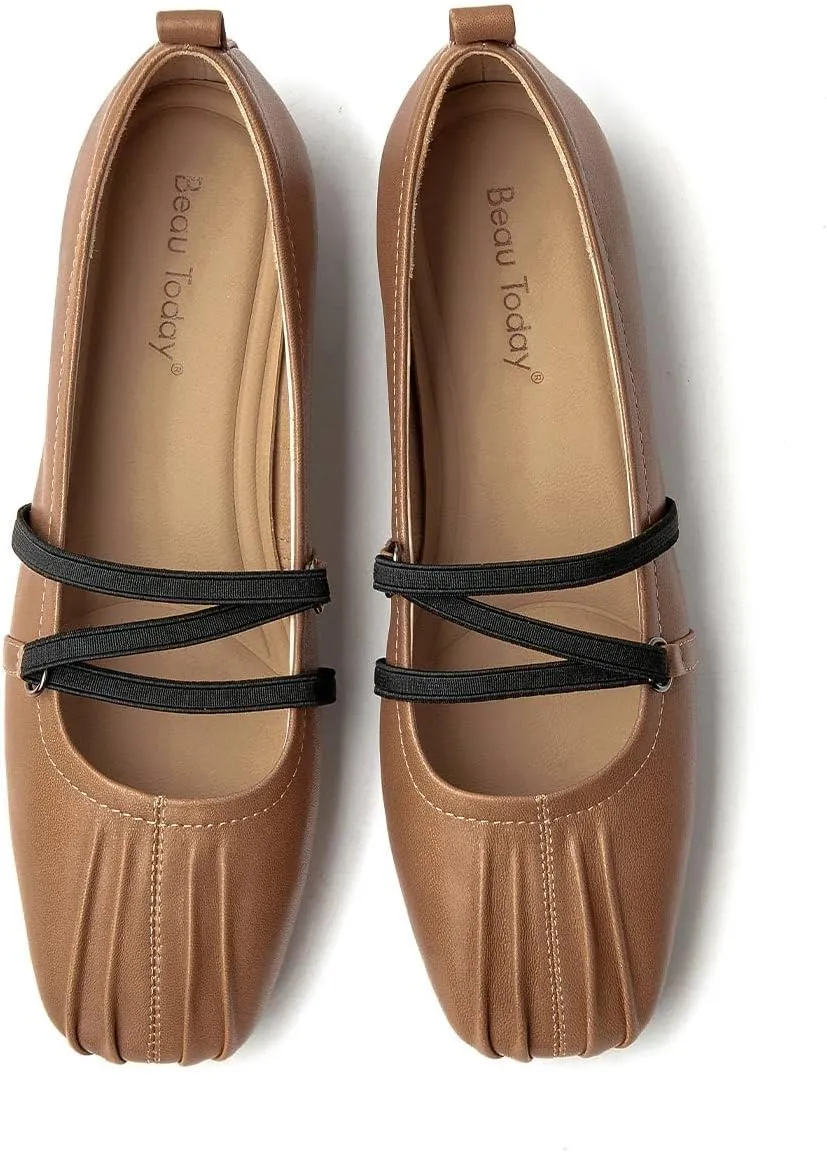 BEAU TODAY Mary Jane Shoes Women, Leather Flats Shoes for Women, Genuine Ballet Flats for Women with Adjustable Strap, Comfortable Square Toe Mary Jane Flats Dreesy
