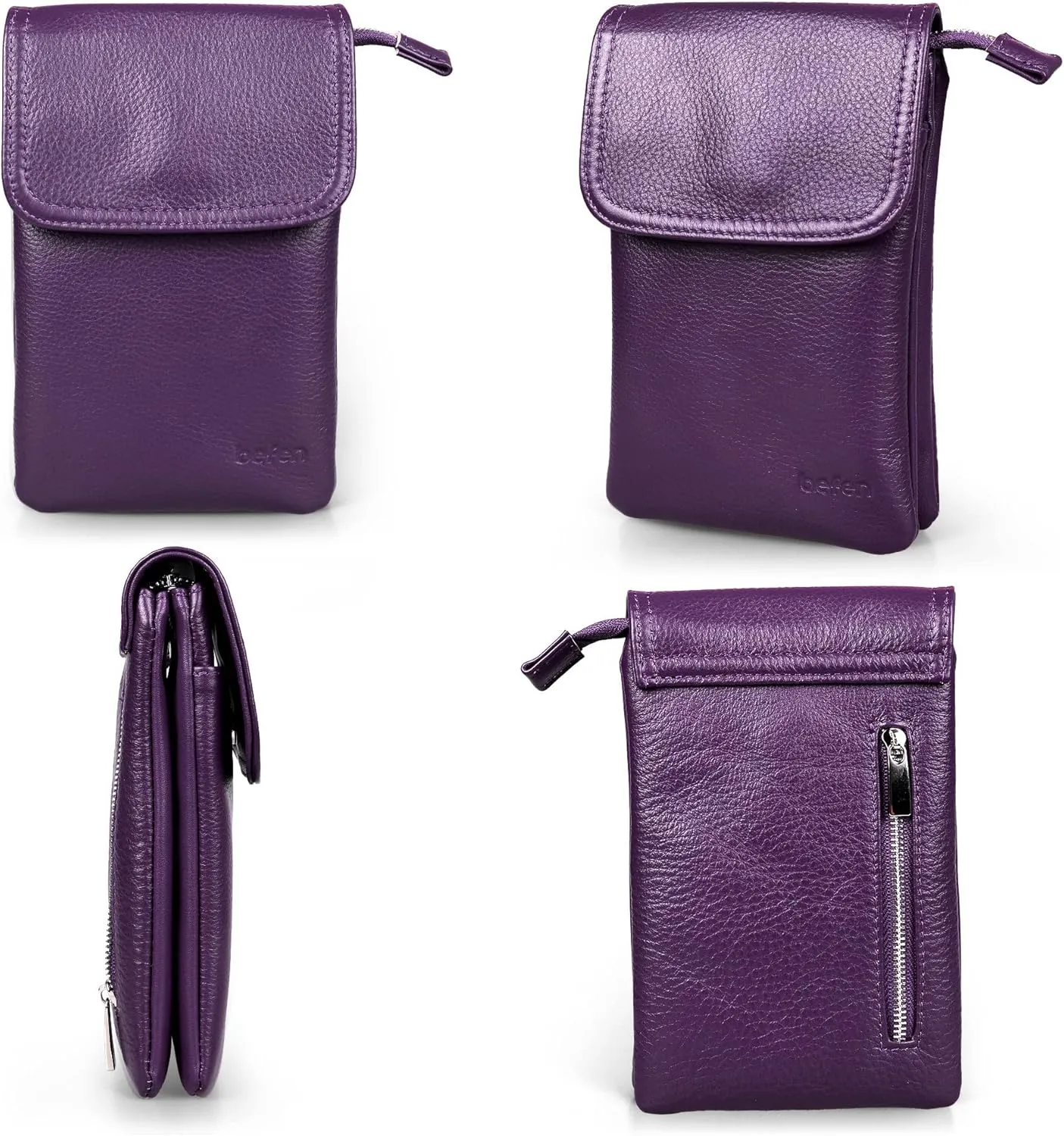 befen Genuine Leather Small Crossbody Bags for Women Cell Phone Bag Cross Body Purses,Silver Zipper