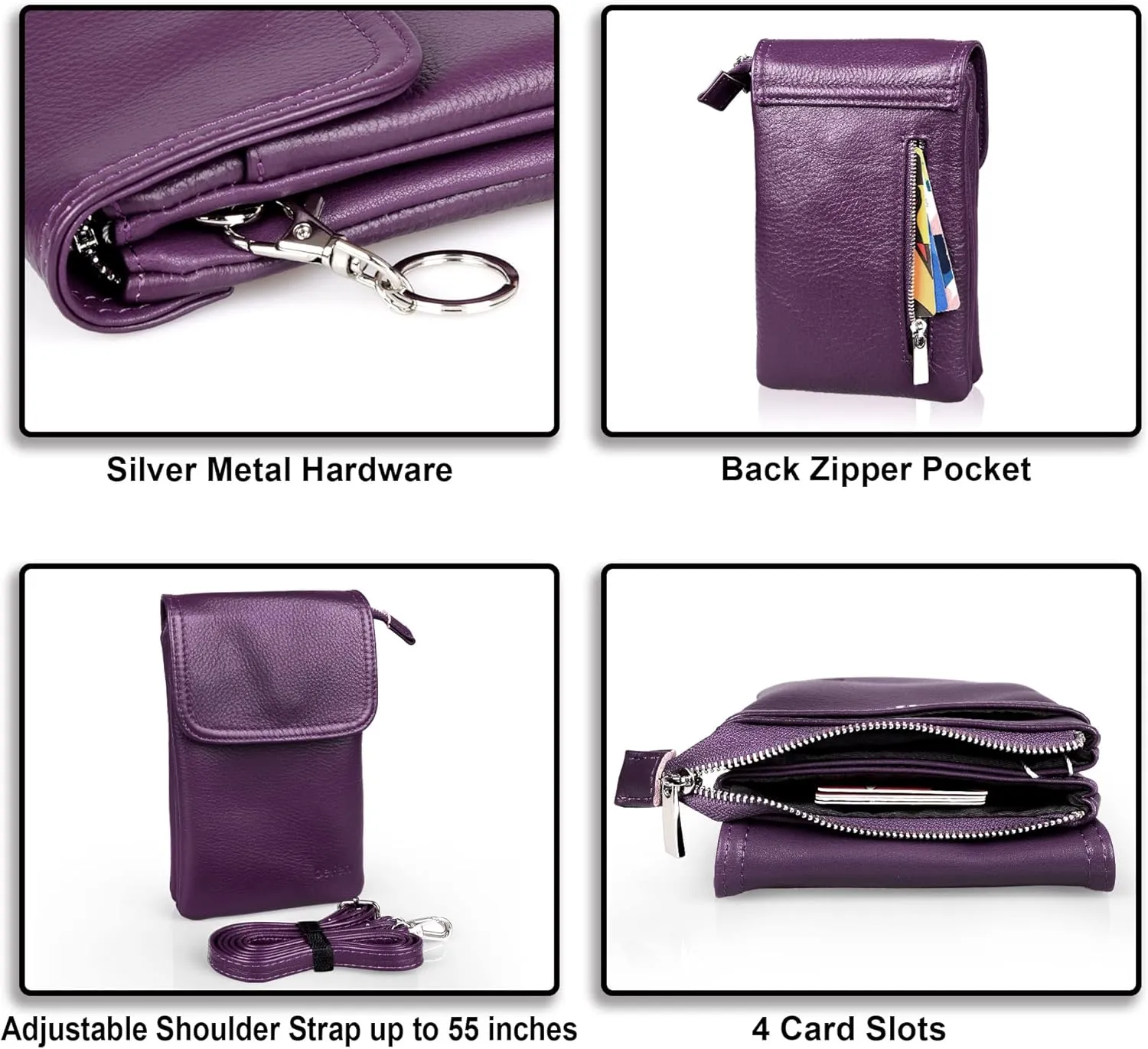befen Genuine Leather Small Crossbody Bags for Women Cell Phone Bag Cross Body Purses,Silver Zipper