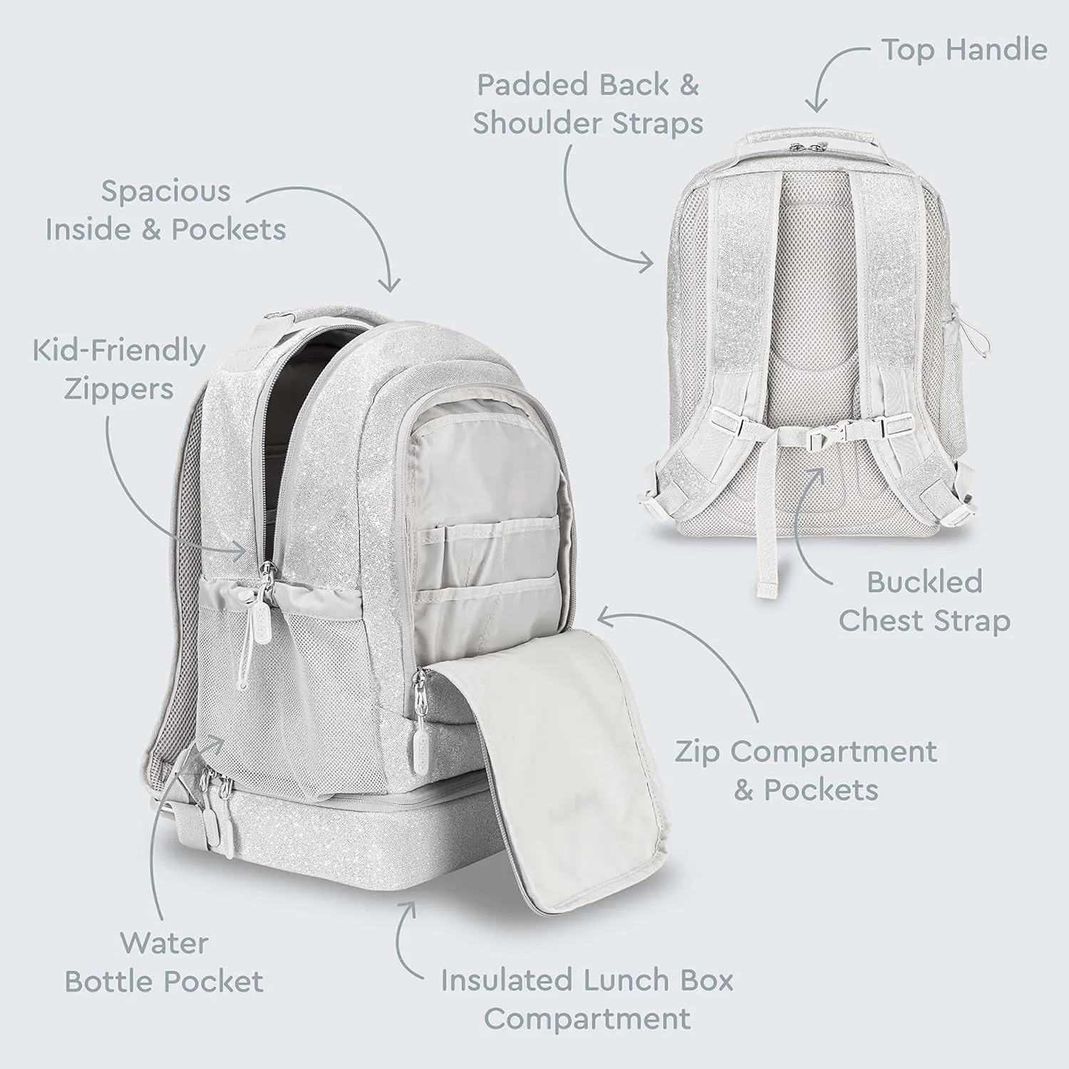 Bentgo Kids 2-in-1 Backpack & Insulated Lunch Bag - Glitter Designed 16” Backpack for School & Travel -, Durable, Water Resistant, Padded, & Large Compartments (Glitter Edition - Silver)
