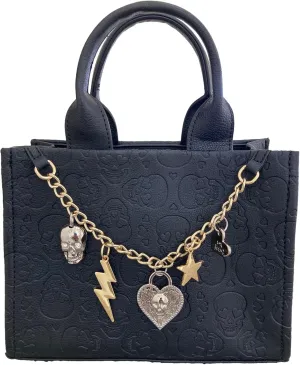 Betsey Johnson XO Rea All Over Embossed Skull Black Faux Leather MINI Boxy Satchel W/Gold And Silver Metal Five Charm Chain Fashion Detail MINI Top Handle Handbag Shoulder Bag With Zipper Pouch