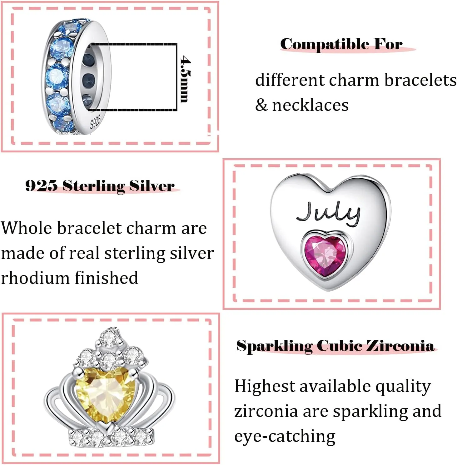 Birthstone Charms for Charms Bracelet: 925 Sterling Silver Heart Dangle Charms for Bracelets and Necklaces, Birthday Mother's Day Christmas Jewelry Gifts For Women.