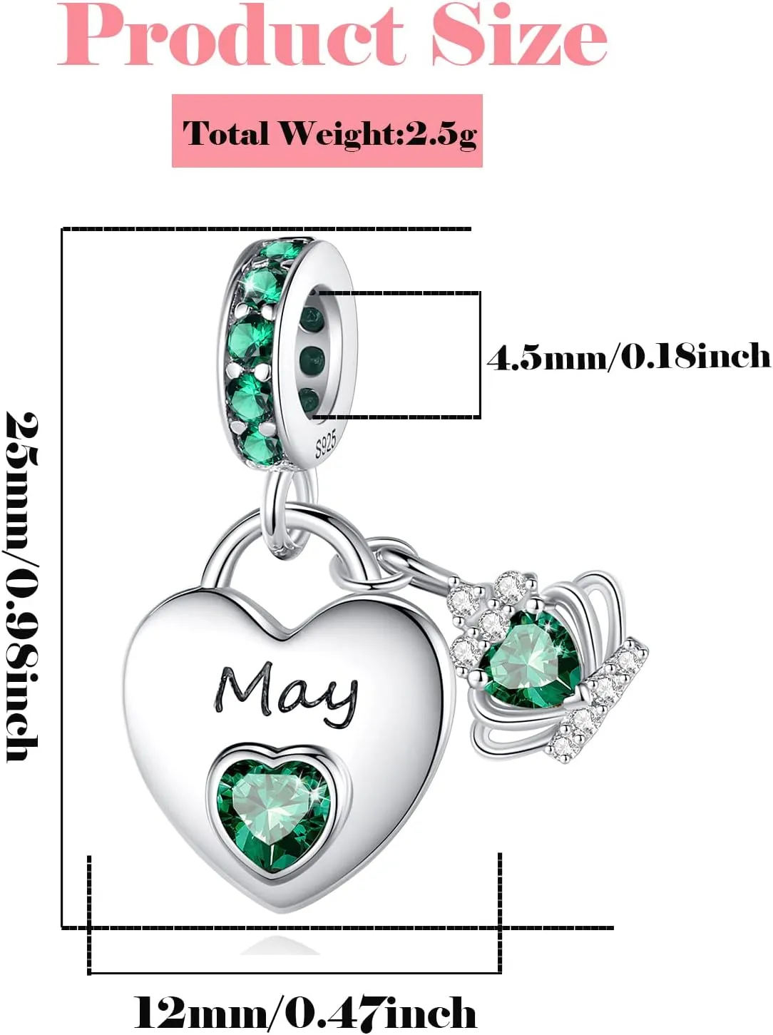Birthstone Charms for Charms Bracelet: 925 Sterling Silver Heart Dangle Charms for Bracelets and Necklaces, Birthday Mother's Day Christmas Jewelry Gifts For Women.