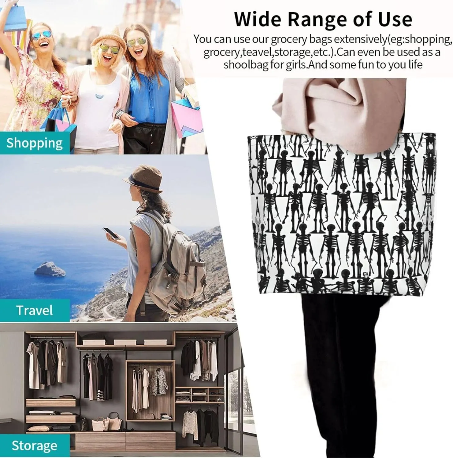 Black White Glitter Print Shoulder Bag For Women Shopping Bags Tote Bag Large Storage Handbag Grocery Bags