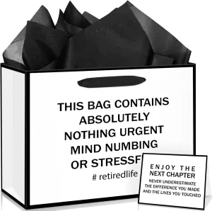 Black White Retirement Gift Bags Retirement Theme Paper Wrapping Bag with Tissue and Funny Retirement Card Black White Happy Retirement Party Decorations Gifts for Men Women Farewell Going Away Party Supplies