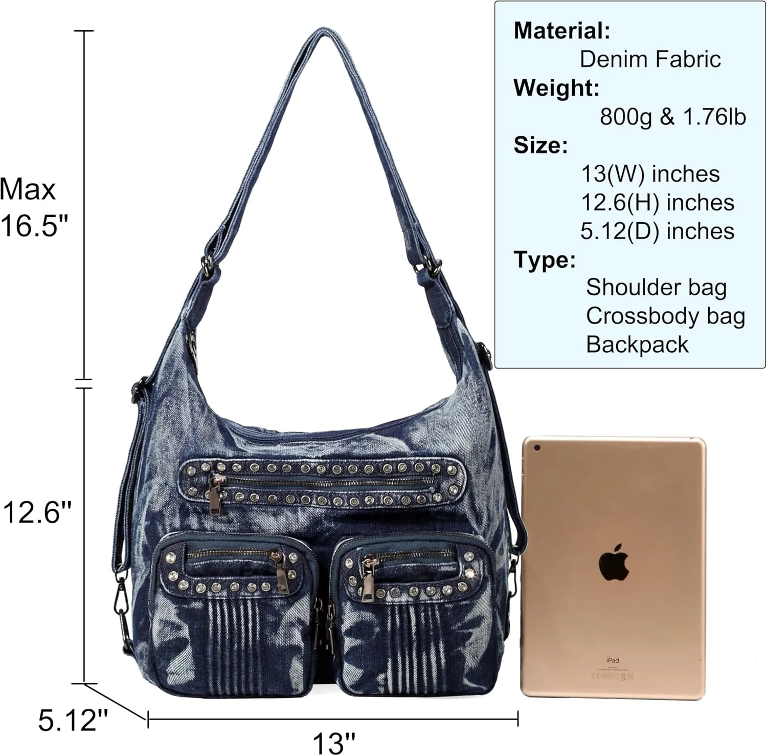 Blue Jean Bags Bling Rhinestone Purses Large Capacity Distressed Denim Purse and Handbags