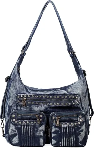 Blue Jean Bags Bling Rhinestone Purses Large Capacity Distressed Denim Purse and Handbags