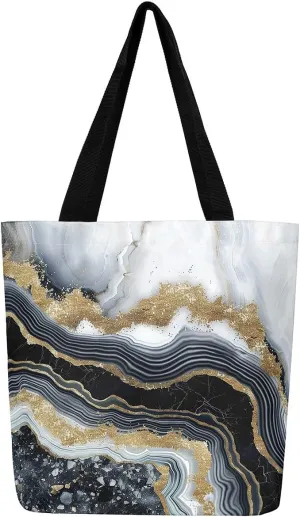 Blue Marble Canvas Tote Bag Modern Golden Glitter Tote Bag iquid Quicksand Abstract Marbling Shopping Grocery Bags