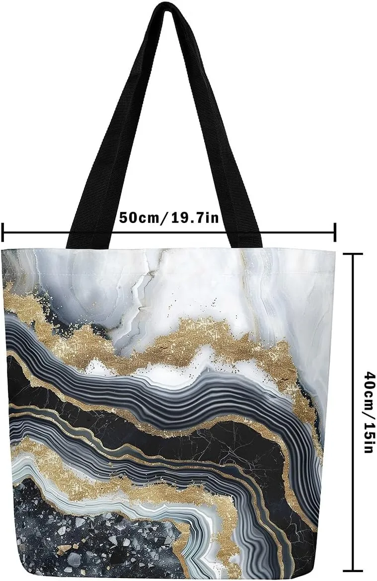 Blue Marble Canvas Tote Bag Modern Golden Glitter Tote Bag iquid Quicksand Abstract Marbling Shopping Grocery Bags