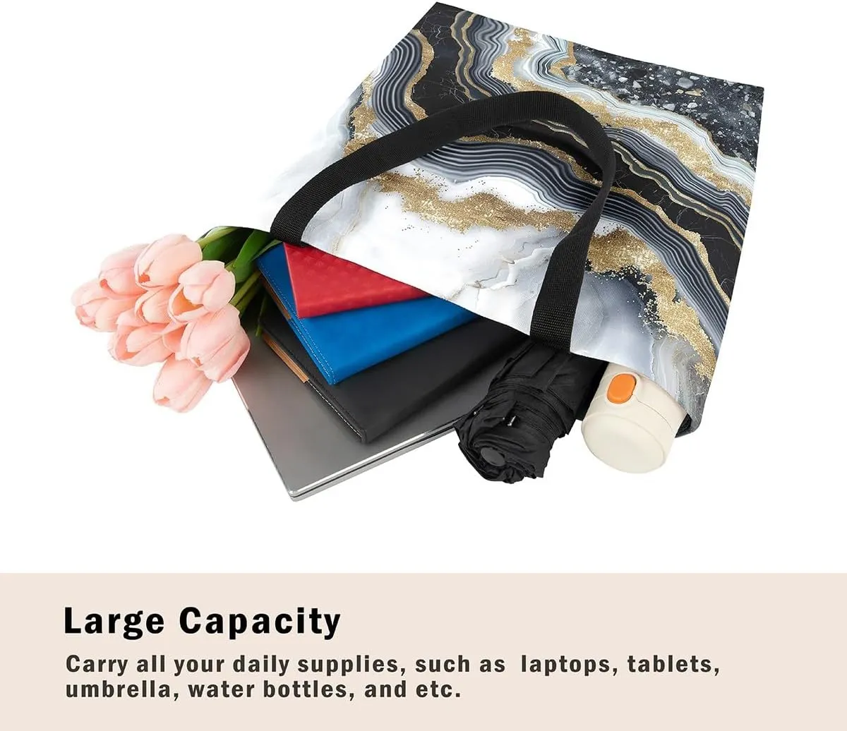 Blue Marble Canvas Tote Bag Modern Golden Glitter Tote Bag iquid Quicksand Abstract Marbling Shopping Grocery Bags