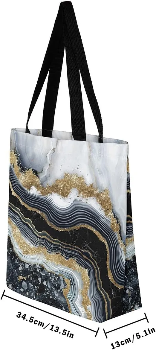 Blue Marble Canvas Tote Bag Modern Golden Glitter Tote Bag iquid Quicksand Abstract Marbling Shopping Grocery Bags