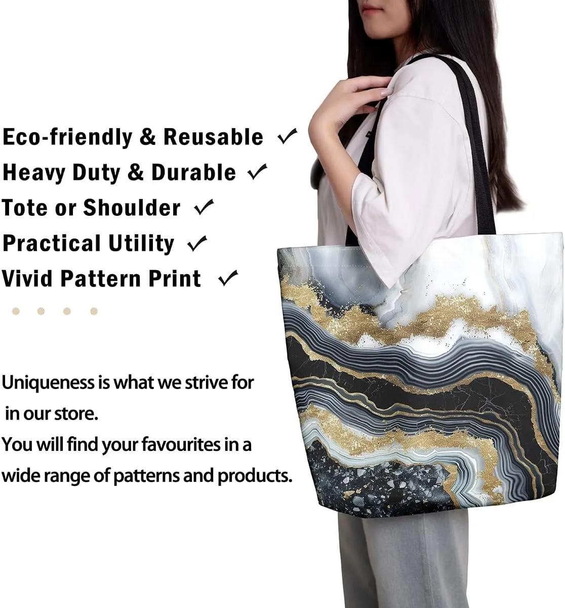 Blue Marble Canvas Tote Bag Modern Golden Glitter Tote Bag iquid Quicksand Abstract Marbling Shopping Grocery Bags
