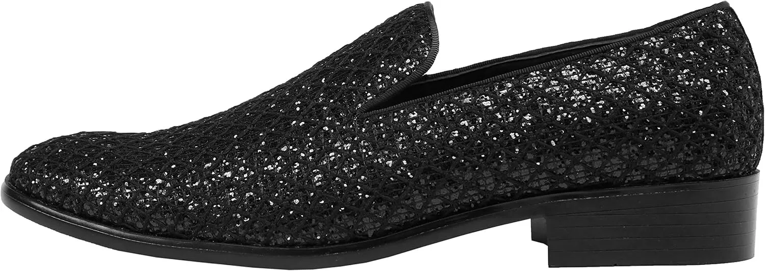 Bolano Sarlo Men's Dress Shoes, Black Glitter Loafer for Prom, Metallic Tuxedo Slip-on