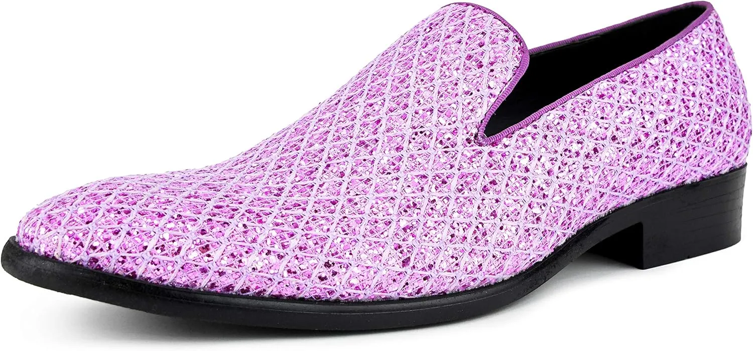 Bolano Sarlo Men's Dress Shoes, Black Glitter Loafer for Prom, Metallic Tuxedo Slip-on