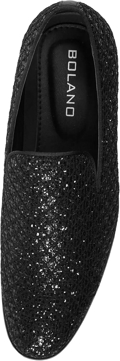 Bolano Sarlo Men's Dress Shoes, Black Glitter Loafer for Prom, Metallic Tuxedo Slip-on