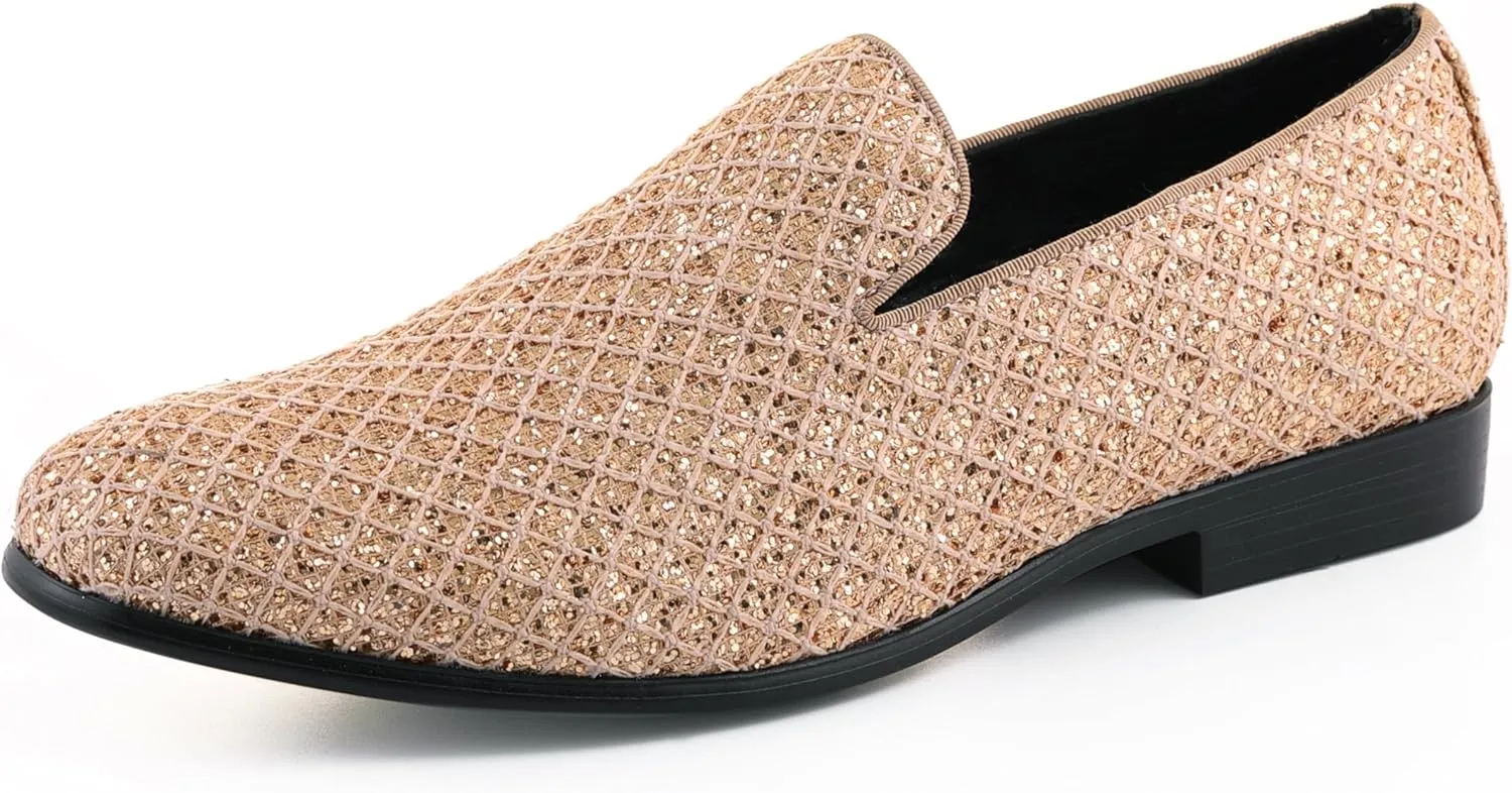 Bolano Sarlo Men's Dress Shoes, Black Glitter Loafer for Prom, Metallic Tuxedo Slip-on