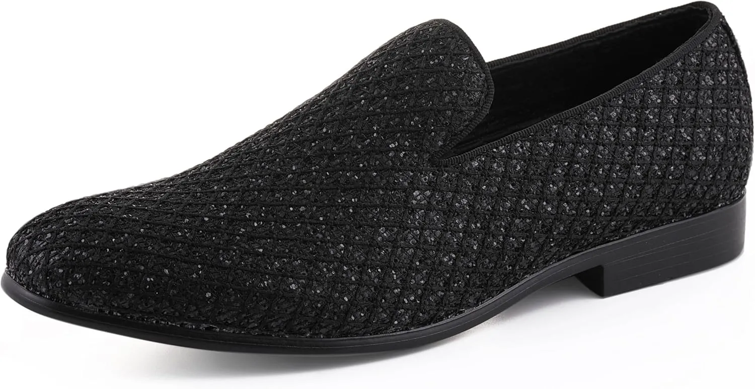 Bolano Sarlo Men's Dress Shoes, Black Glitter Loafer for Prom, Metallic Tuxedo Slip-on