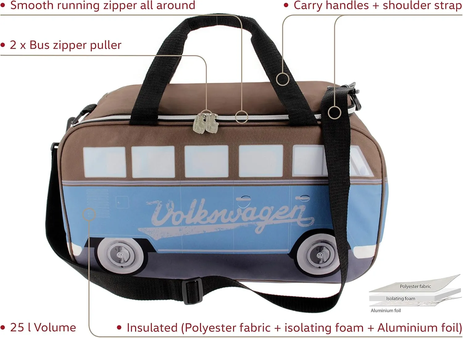 BRISA VW Collection - Volkswagen Insulated Cool-Warm Thermo Picnic Lunch Bag Box for Food in T1 Bus Design (25 Liters/6.6 Gallons)