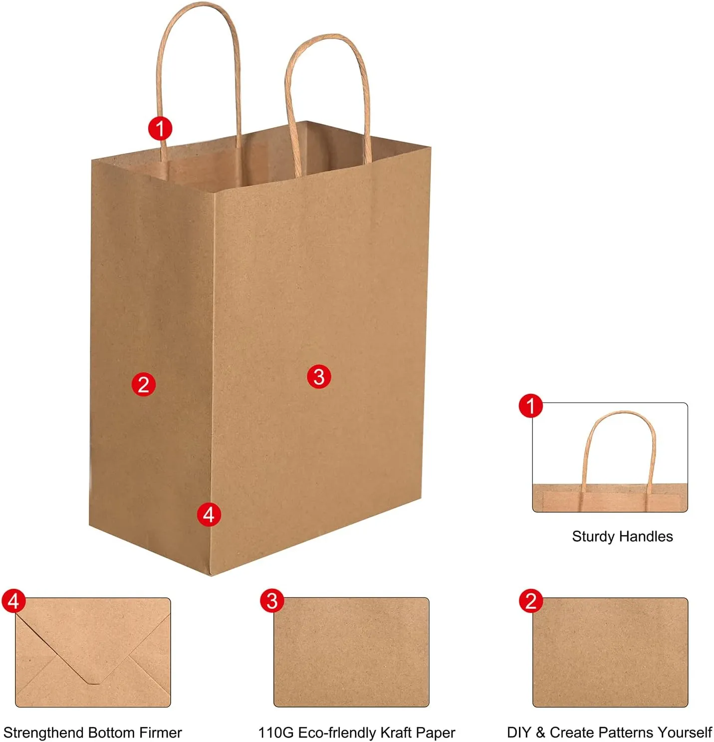 Brothersbox Brown Paper Bags with Handles Bulk 100PCS Kraft Paper Gift Bags, 8x4.76x10 Inch Medium Size, Perfect for Crafts, Gifts, To-Go Orders, and Eco-Friendly Use