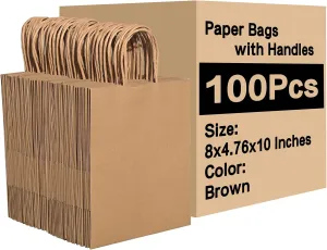 Brothersbox Brown Paper Bags with Handles Bulk 100PCS Kraft Paper Gift Bags, 8x4.76x10 Inch Medium Size, Perfect for Crafts, Gifts, To-Go Orders, and Eco-Friendly Use