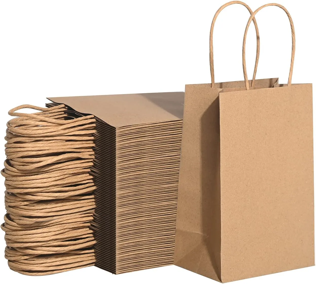 Brothersbox Small Brown Kraft Paper Bags with Handles 100PCS - 5.25*3.25*8 Inch Bags for Birthday Party Grocery Retail Shopping Business