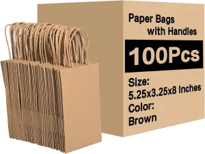 Brothersbox Small Brown Kraft Paper Bags with Handles 100PCS - 5.25*3.25*8 Inch Bags for Birthday Party Grocery Retail Shopping Business