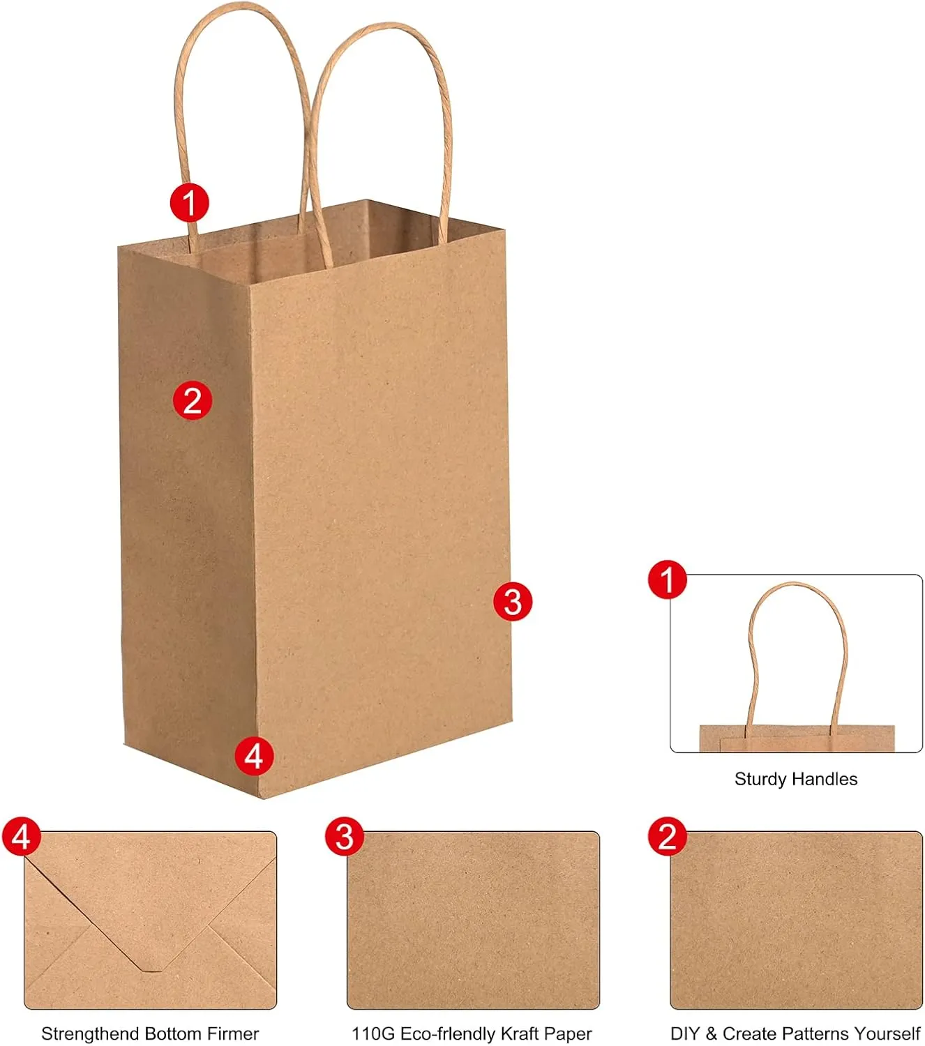 Brothersbox Small Brown Kraft Paper Bags with Handles 100PCS - 5.25*3.25*8 Inch Bags for Birthday Party Grocery Retail Shopping Business