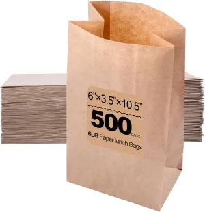 Brown Paper Bags,paper lunch bags,6" x 3.5" x 10.5" 500 Count 6 lbs Bulk Paper Lunch Bags,Perfect for Small Lunches、Sandwiches、Snacks、Crafts