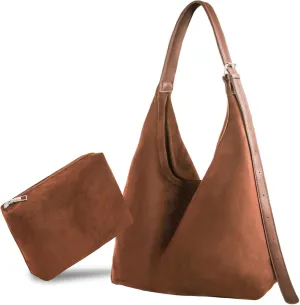 Brown Suede Bags for Women - 2024 New Adjustable Strap Brown Suede Hobo Tote Tote Handbag, Fall Suede Purse with Pouch