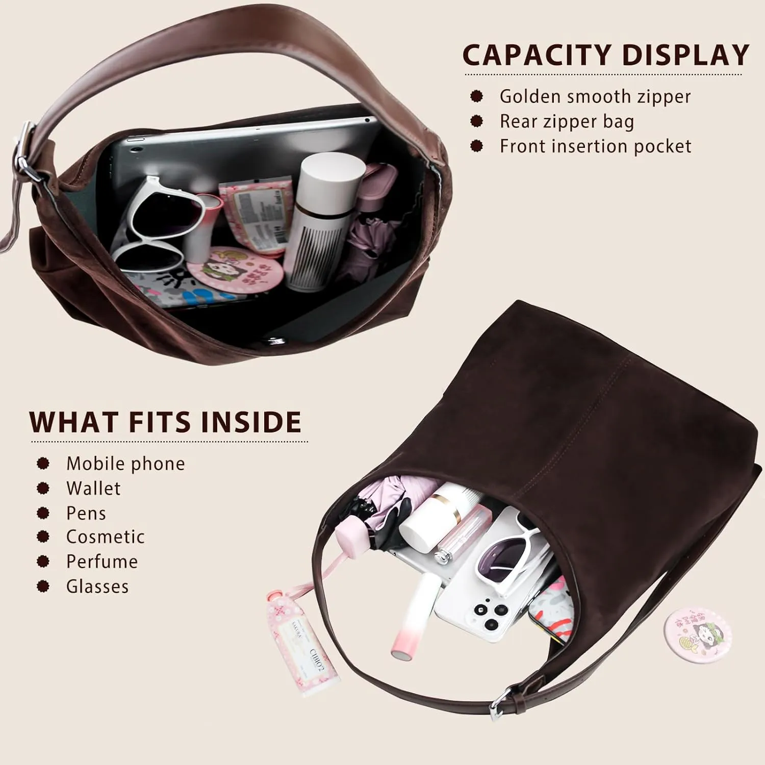 Brown Suede Bags for Women - 2024 New Adjustable Strap Brown Suede Hobo Tote Tote Handbag, Fall Suede Purse with Pouch