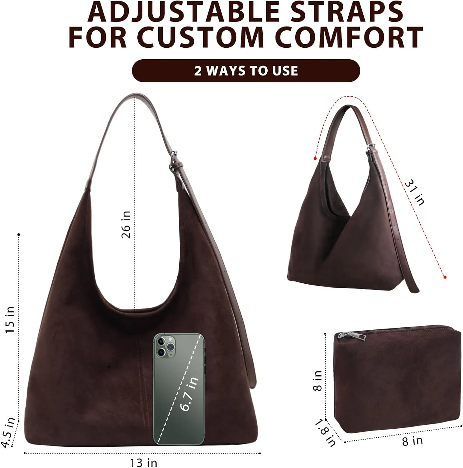Brown Suede Bags for Women - 2024 New Adjustable Strap Brown Suede Hobo Tote Tote Handbag, Fall Suede Purse with Pouch