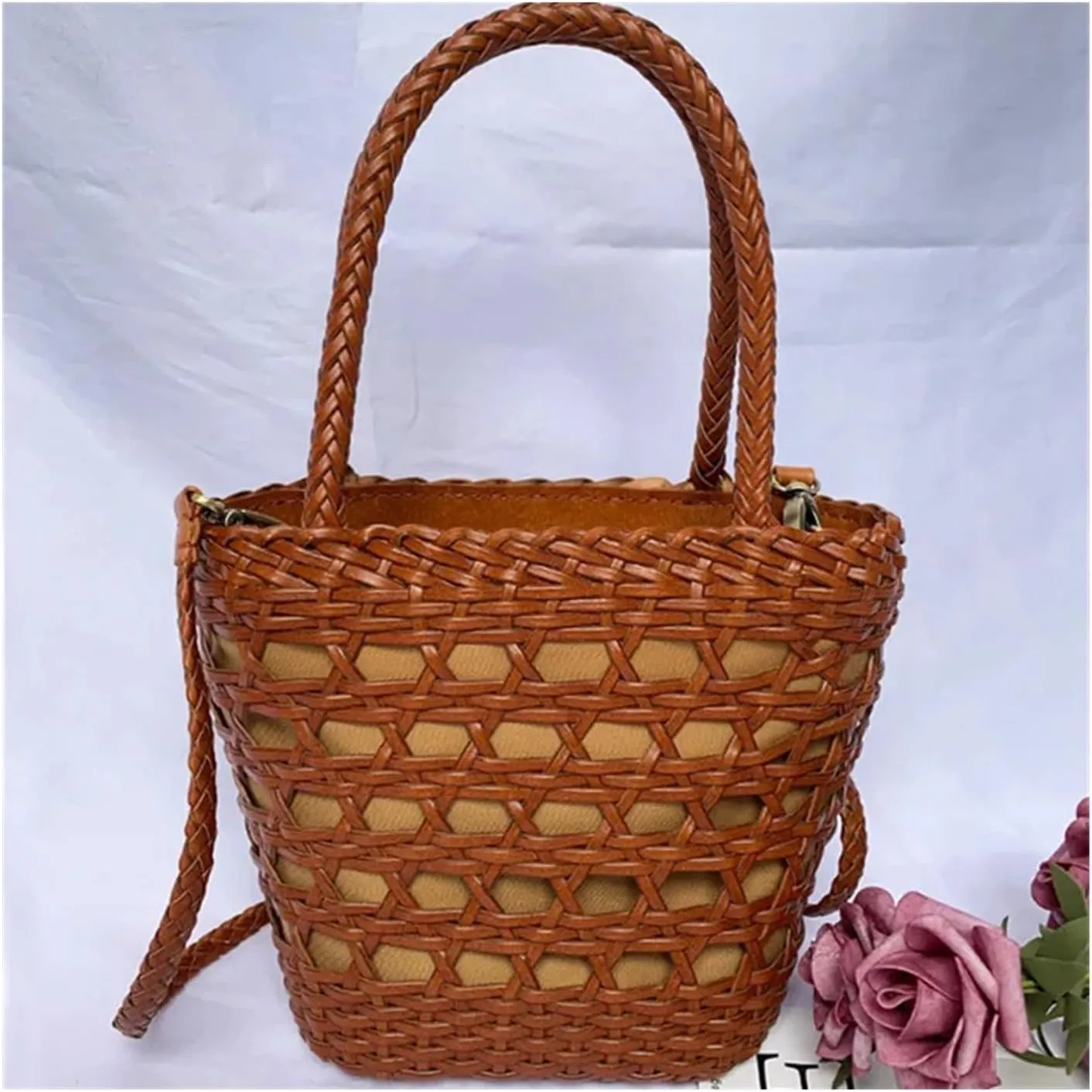 Bucket Women's Bag Messenger Shoulder Cowhide Hollow Woven Summer Casual Inner Fabric Vintag Shopping Bag