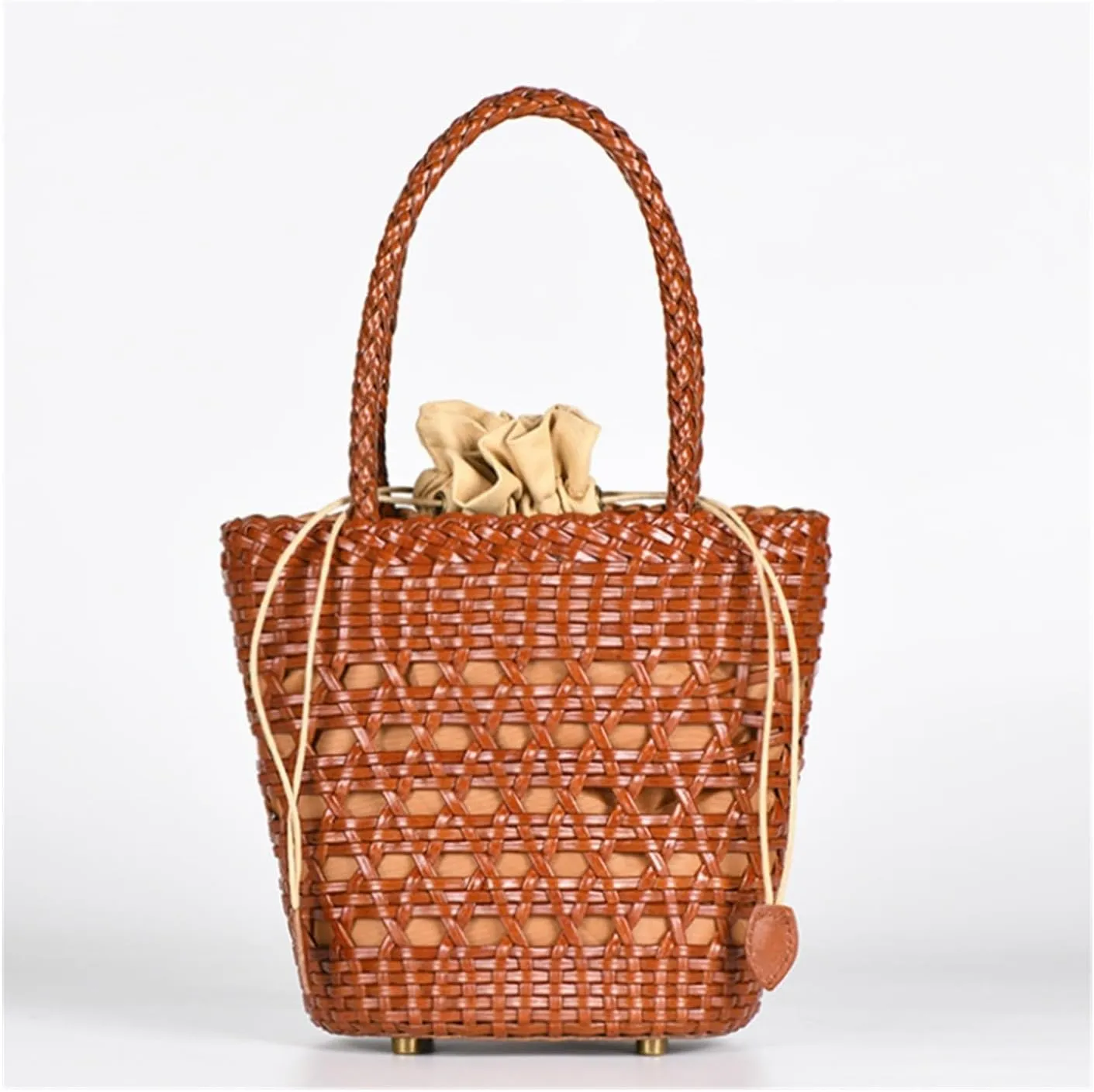 Bucket Women's Bag Messenger Shoulder Cowhide Hollow Woven Summer Casual Inner Fabric Vintag Shopping Bag