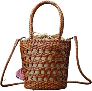 Bucket Women's Bag Messenger Shoulder Cowhide Hollow Woven Summer Casual Inner Fabric Vintag Shopping Bag