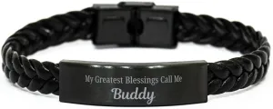 Buddy Braided Leather Bracelet, My Greatest Blessings Call Me Buddy Sentimental Heartfelt Christmas Birthday Engraved Gifts for Men Women