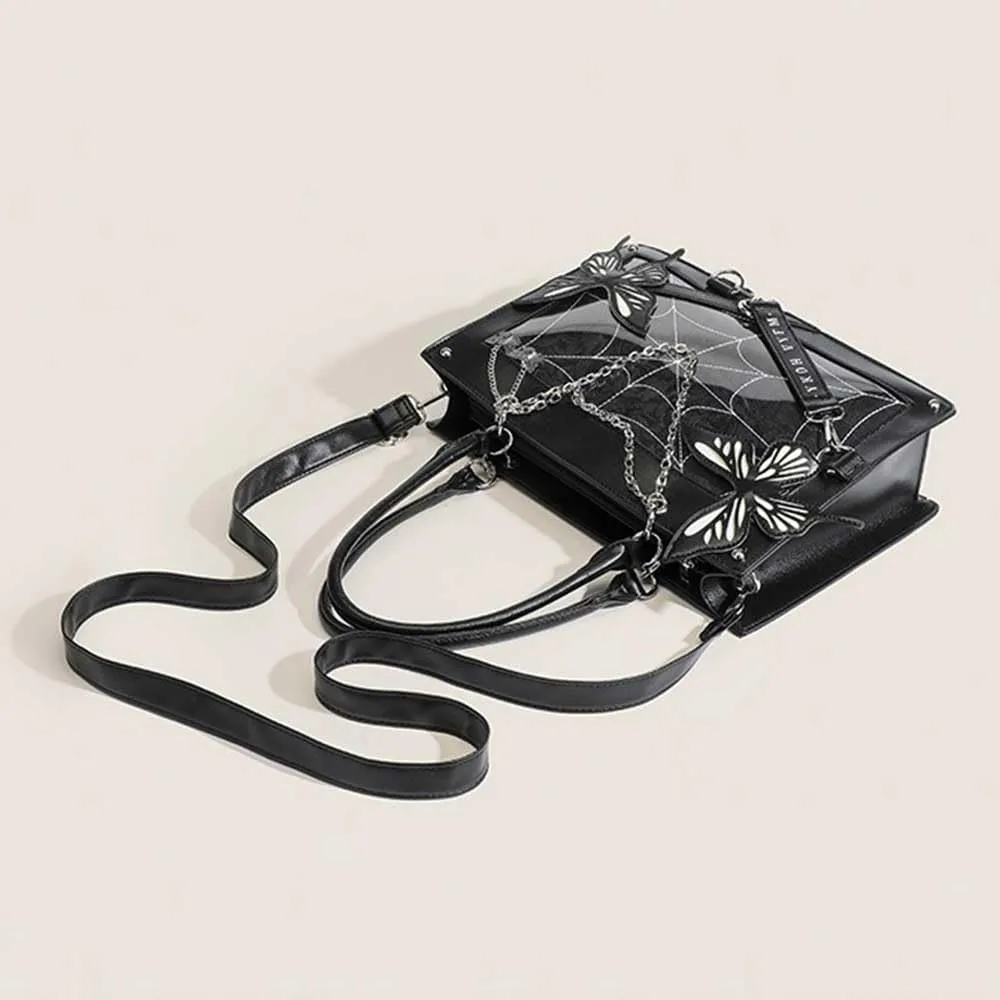 Butterfly Handbag, Large Capacity Square Handbag, Gothic Spider Web Black Series Leather Bag
