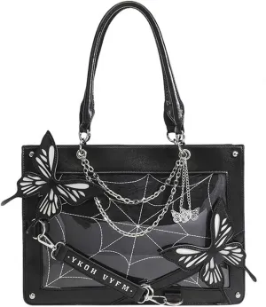 Butterfly Handbag, Large Capacity Square Handbag, Gothic Spider Web Black Series Leather Bag