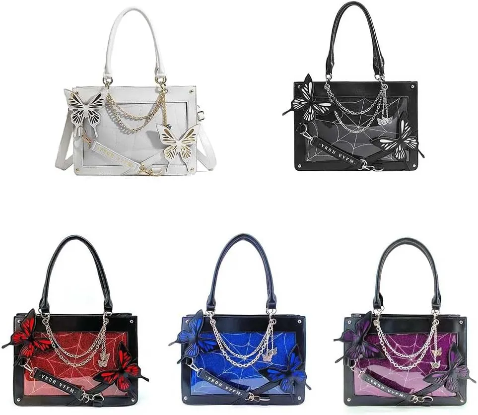 Butterfly Handbag, Large Capacity Square Handbag, Gothic Spider Web Black Series Leather Bag
