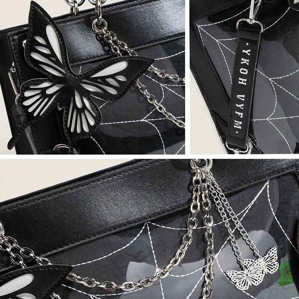 Butterfly Handbag, Large Capacity Square Handbag, Gothic Spider Web Black Series Leather Bag