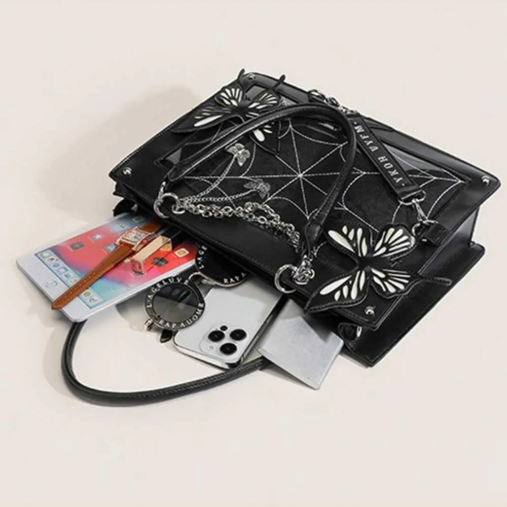 Butterfly Handbag, Large Capacity Square Handbag, Gothic Spider Web Black Series Leather Bag