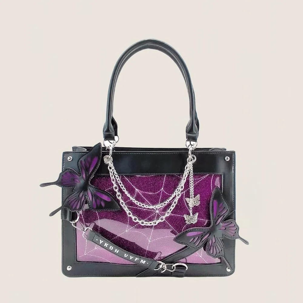Butterfly Handbag, Large Capacity Square Handbag, Gothic Spider Web Black Series Leather Bag