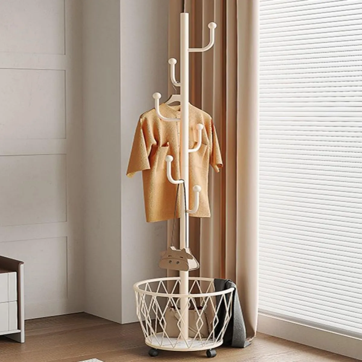 Cactus shaped Freestanding Metal Coat Rack Stand with Basket Modern Organizer for Scarf Jacket Hat Bags Ideal for Home Entryway Bedroom Corner Stable and Moveable (white)