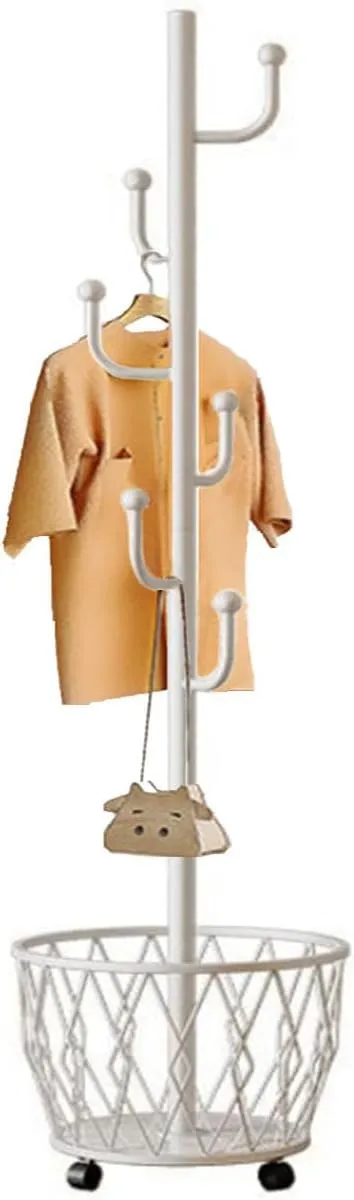 Cactus shaped Freestanding Metal Coat Rack Stand with Basket Modern Organizer for Scarf Jacket Hat Bags Ideal for Home Entryway Bedroom Corner Stable and Moveable (white)