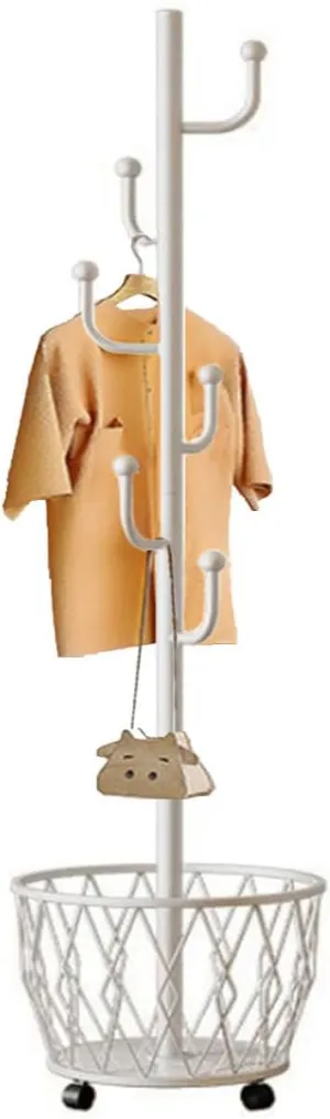 Cactus shaped Freestanding Metal Coat Rack Stand with Basket Modern Organizer for Scarf Jacket Hat Bags Ideal for Home Entryway Bedroom Corner Stable and Moveable (white)