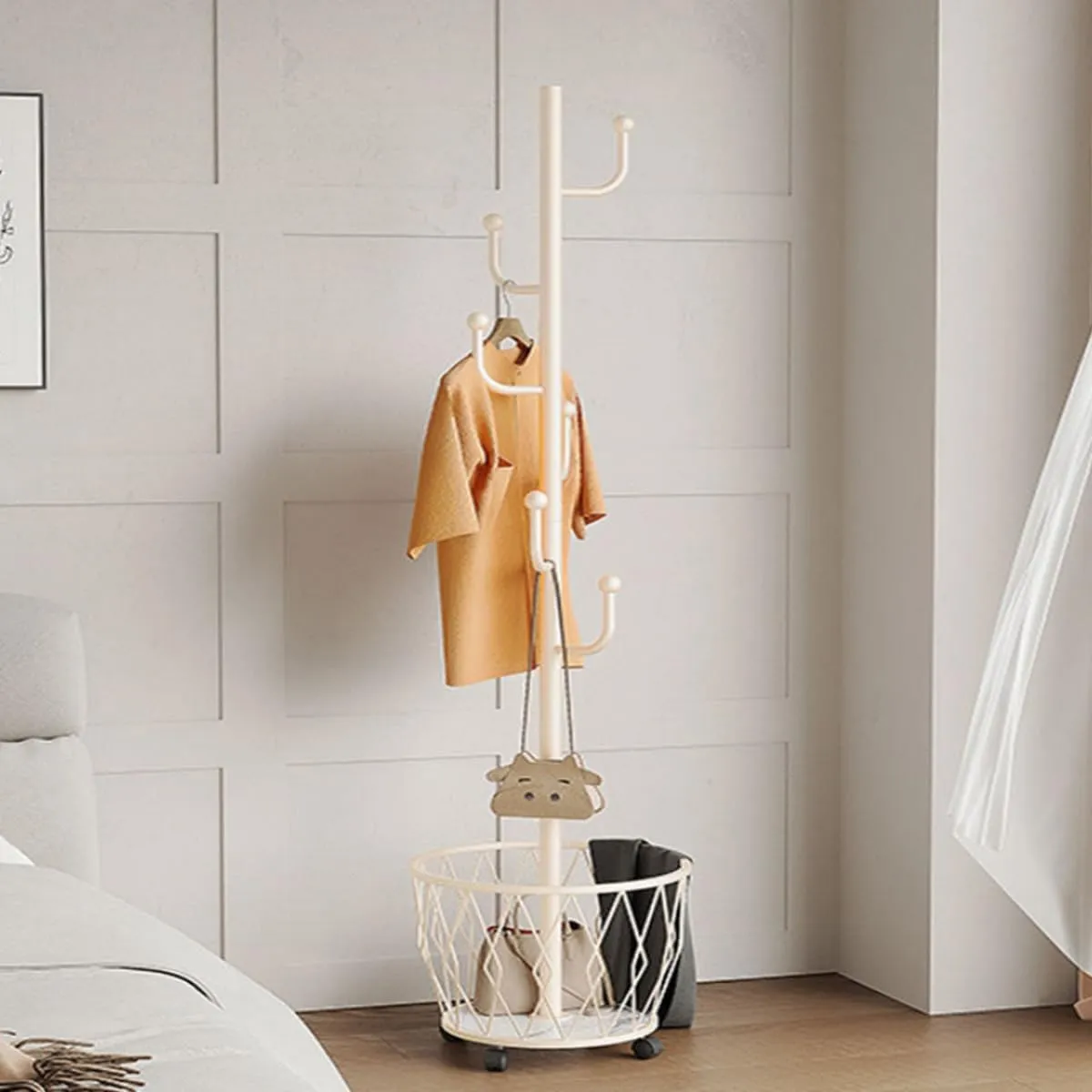 Cactus shaped Freestanding Metal Coat Rack Stand with Basket Modern Organizer for Scarf Jacket Hat Bags Ideal for Home Entryway Bedroom Corner Stable and Moveable (white)
