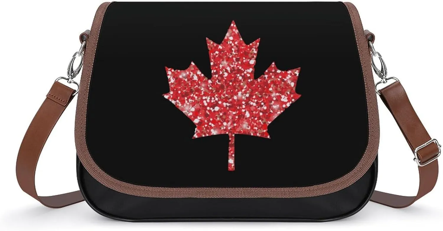 Canada Glitter Maple Cute Crossbody Purses for Women Leather Shoulder Bag Adjustable Shoulder Strap Handbag